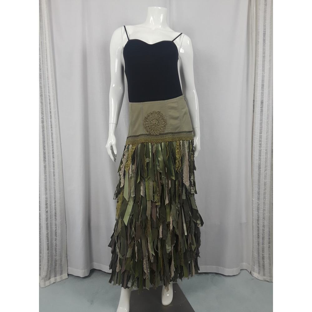 Green RagArt Handmade Maxi Skirt Altered Couture Festival Concert Up Cycled